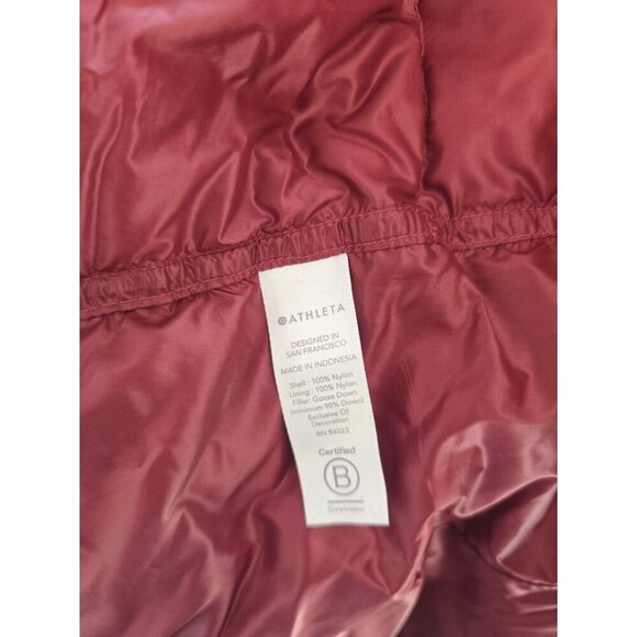Athleta Lofty Goose Down Hooded Maple Burgundy Red Puffer Coat Zip Snap XS - Picture 12 of 16